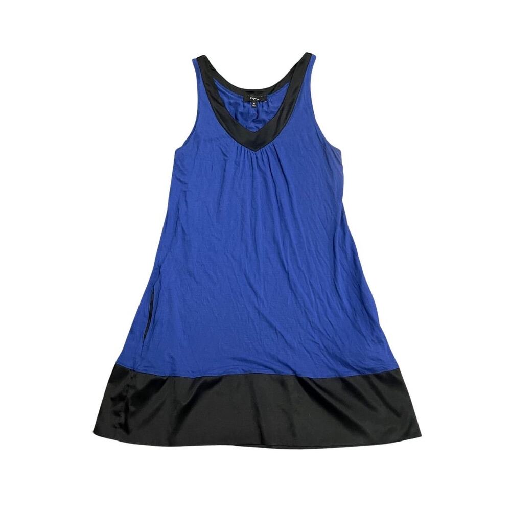 Express Blue & Black V-Neck Knit Mini Sleeveless Shift Pocket Dress SZ M Coastal